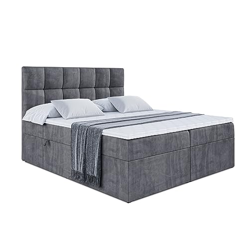 ALTDECOR Boxspringbett mit H3-Matratze (20 cm hoch) mit Bonellfederung + PUR, Topper (4 cm hoch), Polsterbett mit Kopfteil und Bettkasten - RICAR - 140x200 - Dunkelgrau Samt von ALTDECOR