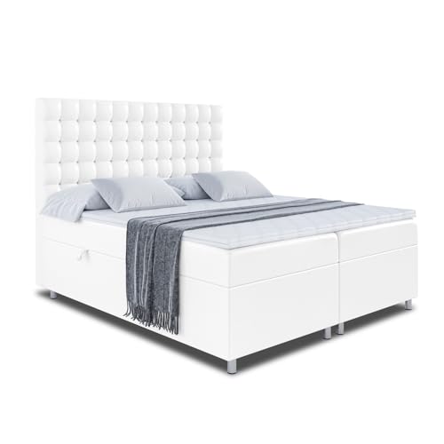 ALTDECOR Boxspringbett mit H3Matratze (20 cm hoch) mit Bonellfederung, Kunstlederbett, Topper (4 cm hoch), Polsterbett mit Kopfteil und Bettkasten - VIONE - 180x200 Weiß Kunstleder von ALTDECOR