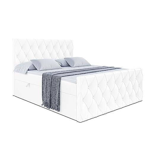 ALTDECOR Boxspringbett mit H3Matratze (20 cm hoch) mit Bonellfederung, Kunstlederbett, Topper (4 cm hoch), Polsterbett mit Kopfteil und Bettkasten - Amay - 120x200 Weiß Kunstleder von ALTDECOR