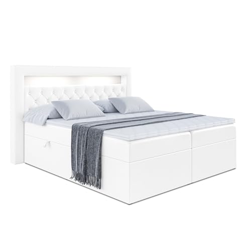 ALTDECOR Boxspringbett mit LED, H3Matratze (20 cm hoch) mit Bonellfederung + PUR, Kunstlederbett, Topper (4 cm hoch), Polsterbett mit Kopfteil und Bettkasten-Noel GOLD-140x200 Weiß Kunstleder von ALTDECOR