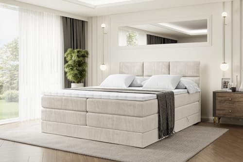 ALTDECOR Boxspringbett mit Matratze und Lattenrost, Topper, Polsterbett mit Bettkasten, Bett mit Stauraum H3- und H4- Matratze, Doppelbett, Springboxbett - Ohio King - 200x200 - Beige Samt ALTDECOR Boxspringbett mit Matratze und Lattenrost, Topper, Polsterbett mit Bettkasten, Bett mit Stauraum H3- und H4- Matratze, Doppelbett, Springboxbett - Ohio King - 200x200 - Beige Samt von ALTDECOR
