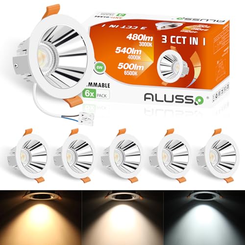 ALUSSO Spots Deckenleuchte LED Einbaustrahler 230V, 6W LED Spots Dimmbar, Warmweiß 3000K Neutralweiß 4000K Kaltweiß 6500K Weiß Silber Einbauspots, Deckenstrahler für Küche, Wohnzimmer, 6er Set von ALUSSO