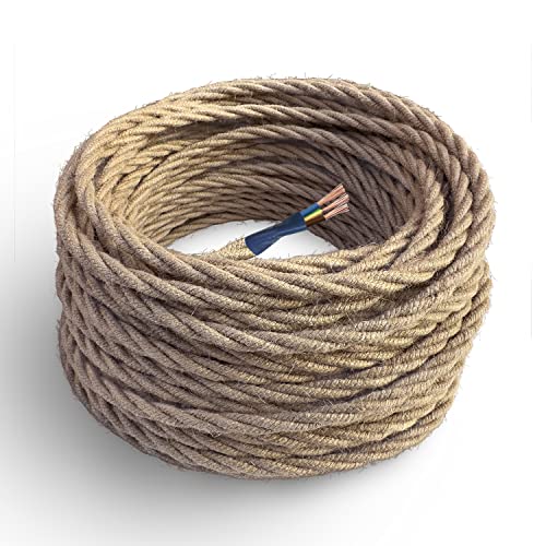 Amarcords - Textilkabel für Lampen JUTE, geflochten, Jute, 1 Meter, mit Erdung 3x0,75 - Stoffkabel mit farbigem vintage Stoff überzogen für Kronleuchter, Wandlampen und Lampenschirme von AMARCORDS