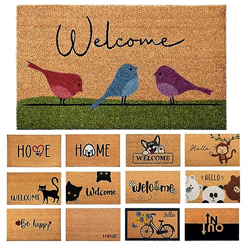 Fußmatte Kokosfaser Bunte Vögel - 70x40cm - Willkommens Fussmatte mit Antirutsch PVC & Kokos Oberfläche - für Hauseingänge, Flure, Außentüren, Wohnaccessoires - Schlichtes Originaldesign von AMARU DOOR MATS