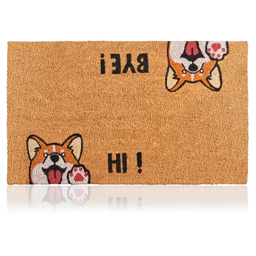 Fußmatte Kokosfaser Hi-Bye Hund - 70x40cm - Willkommens Fussmatte mit Antirutsch PVC & Kokos Oberfläche - für Hauseingänge, Flure, Außentüren, Wohnaccessoires - Schlichtes Originaldesign von AMARU DOOR MATS