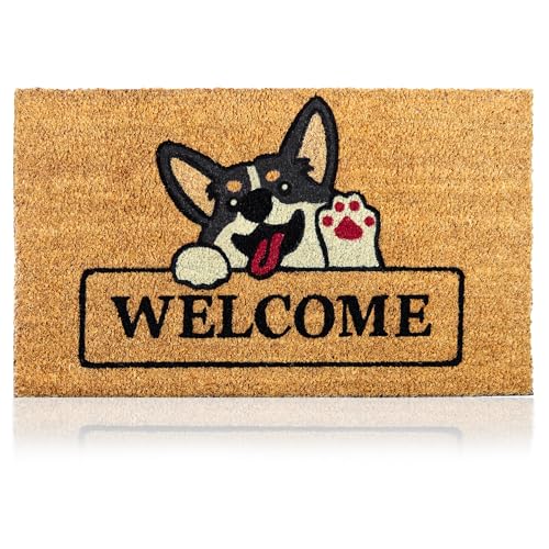 Fußmatte Kokosfaser Hund Gruß - 70x40cm - Willkommens Fussmatte mit Antirutsch PVC & Kokos Oberfläche - für Hauseingänge, Flure, Außentüren, Wohnaccessoires - Schlichtes Originaldesign von AMARU DOOR MATS