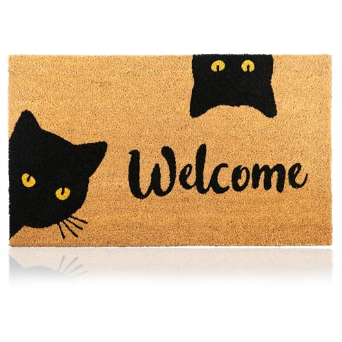 Fußmatte Kokosfaser Welcome Katzen - 70x40cm - Willkommens Fussmatte mit Antirutsch PVC & Kokos Oberfläche - für Hauseingänge, Flure, Außentüren, Wohnaccessoires - Schlichtes Originaldesign von AMARU DOOR MATS