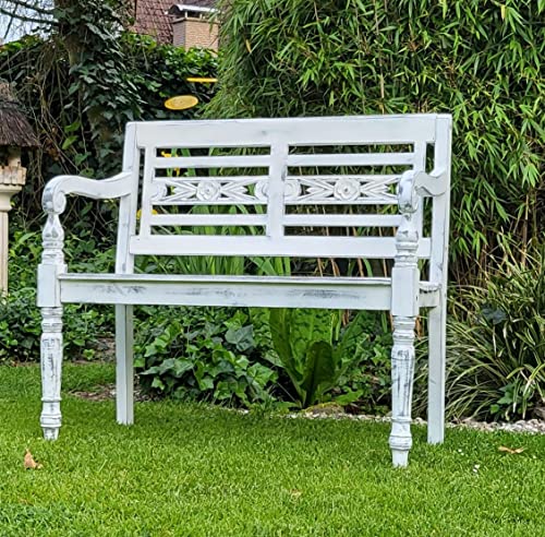 AMBIENTE-LEBENSART.DE Teakbank-Landhaus-Bank-Parkbank-Gartenbank-Blumen-Bank-Balkon-Bank 2 Sitzer Shabby Chic White Washed Antik Weiss von AMBIENTE-LEBENSART.DE