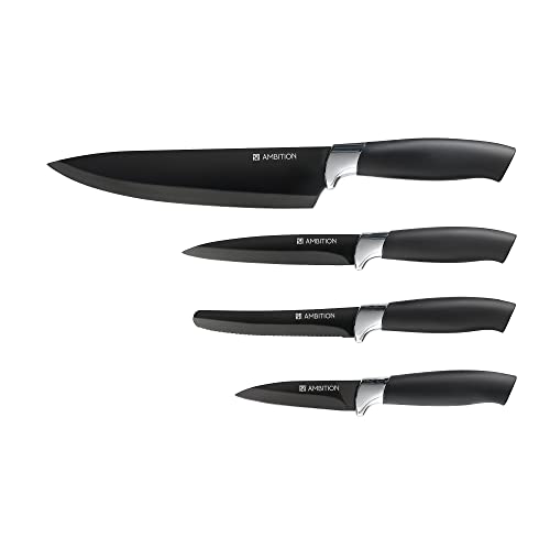 AMBITION Messer Set 4 Tlg. Black Jasper Edelstahl Kochmesser Universal Messer Gemüse/Obst Messer schwarz von AMBITION