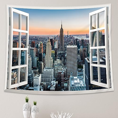 AMBZEK New York Fenster-Wandteppich, 130 x 140 cm, Skyline Sonnenuntergang Midtown mit Empire State Buildings, Geschäftszentrum, Dachkunst, Wandbehang, Schlafzimmer, Wohnzimmer, Wohnheim, Dekorstoff von AMBZEK