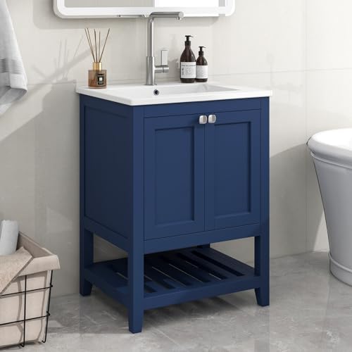 AMDXD Waschbeckenunterschrank, Badmöbel Einzel Waschtisch mit Unterschrank 60cm & Keramik-Waschbecken, Badezimmer-Unterschrank, Blau von AMDXD