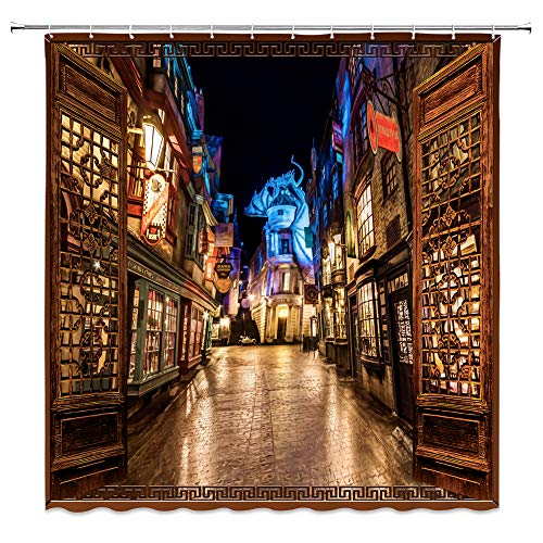 AMNYSF Diagonale Gasse mit Fensterdekor Duschvorhang Magic World Fantasy Street Road City Night Landschaft Stoff Badezimmer Vorhänge 178 x 178 cm Polyester mit Haken von AMNYSF