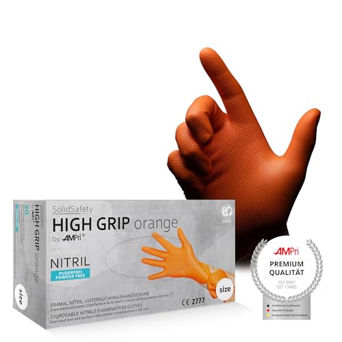 AMPri High Grip Einmalhandschuh aus Nitril, 50 Stück/Box, Größe L, orange, SolidSafety: extra griffiger und chemikalienbeständiger Arbeitsschutzhandschuh in den Größen S, M, L, XL, XXL von AMPri