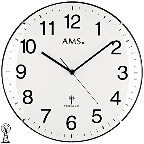AMS Funk - Wanduhr mit gewölbtem Kunststoffgehäuse und weißem Zifferblatt - Durchmesser 32 cm von AMS
