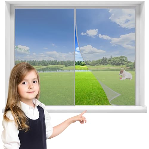 Fliegengitter Fenster Ohne Bohren 90x125cm Grau Insektenschutz Balkontür mit starkem Magnet Automatisch schließen für Terrassentür Haustür Wohnzimmer von AMZSUN