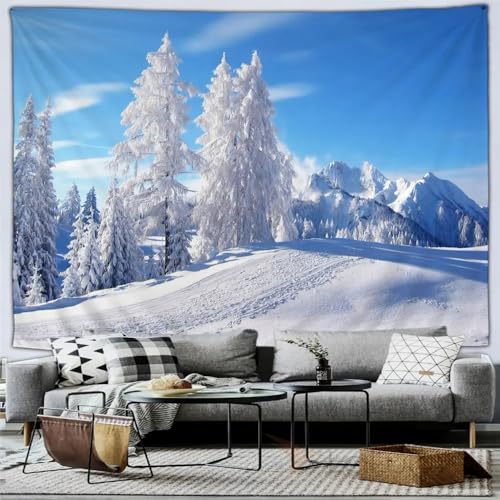 Natur Bergwald Wandteppich,Ästhetische Tiefe Schneepflanze Winterwald Schnee Weihnachten Malerische Tierlandschaft Wandbehang Für Weihnachten Home Office Wanddekoration,Farbe,150 X 100 Cm (39 X 59 von ANALTIRCE