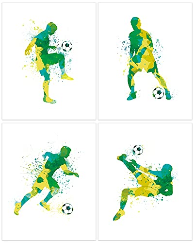 ANHUIB 4er Set Aquarell Fußball Poster,Fußball Wanddeko für Kinderzimmer Jungen,Kinder Fussball Bilder Set für Teenager Schlafzimmer,Sport Bild für Wohnzimmer Leinwand Wandkunst,20×25CM,Ohne Rahmen von ANHUIB