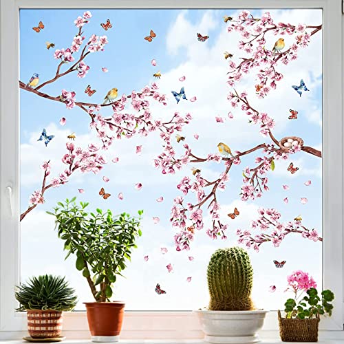 ANHUIB Frühling Deko Fenstersticker,Schmetterling Fensteraufkleber,Blumen Wandtattoo Sticker,Pflanze Wandtattoo Vögel Baum,Rosa Blumen Fensterbild Aufkleber für Wohnzimmer Schlafzimmer Wanddeko von ANHUIB