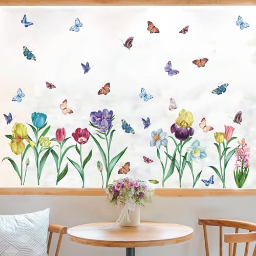 ANHUIB Fensteraufkleber Frühling Deko,Blumen Fensterbilder Selbstklebend,Schmetterling Fensterbild,Blumen Schmetterlinge Wandaufkleber,Bunt Frühling Sticker,Fenstersticker Schlafzimmer Mädchenzimmer von ANHUIB