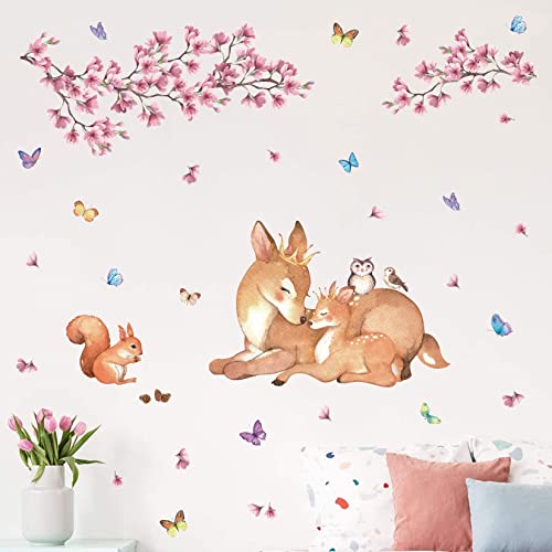 ANHUIB Tierische Wandaufkleber,Hirsch Wandaufkleber,Wandsticker Eichhörnchen,Wandtattoo Rosa Blumen und Schmetterlingen für Mädchenzimmer Deko,Wandsticker Kinderzimmer Babyzimmer Schlafzimmer Wanddeko von ANHUIB