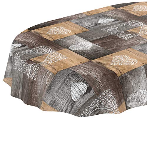 ANRO Tischdecke Wachstuch abwaschbar Wachstuchtischdecke Wachstischdecke Holz Liebe Braun Grau Oval 180x140cm von ANRO