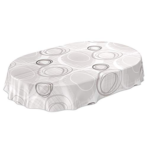 ANRO Tischdecke Wachstuch abwaschbar Wachstuchtischdecke Wachstischdecke Kreise Geometrie Weiß Silber Oval 200x140cm mit Saum - Eingefasst von ANRO