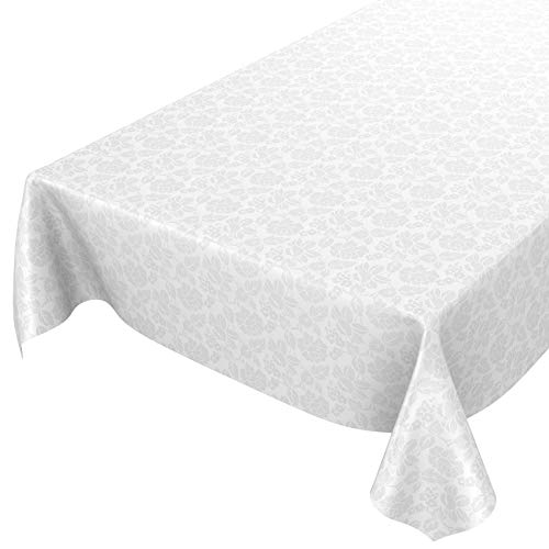 ANRO Wachstuchtischdecke Wachstuch abwaschbar Tischdecke Blumen Einfarbig Uni Weiß Reliefdruck Damast 240x140cm eingefasst von ANRO