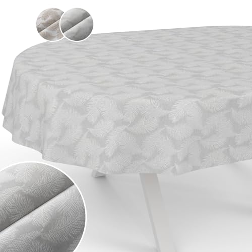 Tischdecke Stoff abwaschbar Lurex Tischtuch Tafeldecke Teflon beschichtet pflegeleicht Lotuseffekt schmutz- & wasserabweisend Kate Floral Blätter Oval 180x140cm Schnittkante Silber von ANRO