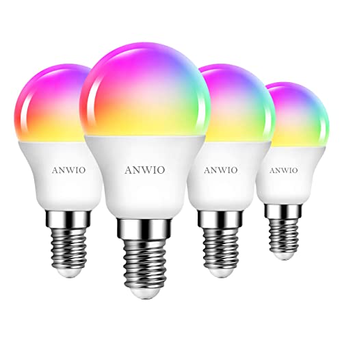 ANWIO Smarte WLAN Glühbirne E14 5W, Mehrfarbrige RGB Dimmbare Alexa Smarte Lampe 470LM, Smart Home Alexa Zubehör, Kompatibel mit Alexa, Google Assistant,Tuya App, Kein Hub notwendig, 4 Pack von ANWIO