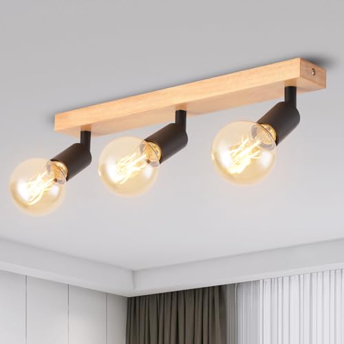 ANWIO LED Deckenstrahler Schwarz Holz Deckenstrahler 3 Flammig Deckenlampe E27 Deckenleuchte LED deckenlampe schwarz Vintage Wandlampe für Wohnzimmer Schlafzimmer Küche kinderzimmer Ohne Leuchtmittel von ANWIO