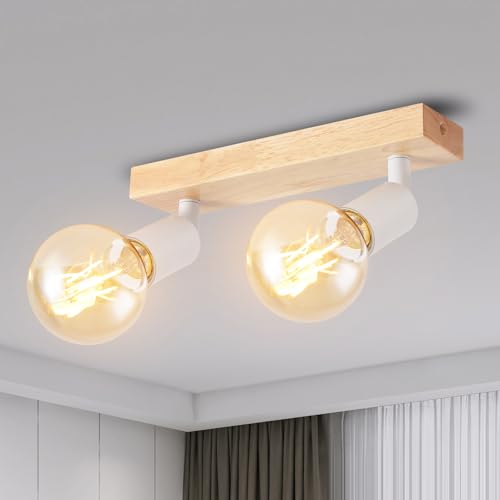 ANWIO LED Deckenstrahler Weiß Holz Deckenstrahler 2 Flammig Deckenlampe E27 Deckenleuchte LED deckenlampe schwarz Vintage Wandlampe für Wohnzimmer Schlafzimmer Küche kinderzimmer Ohne Leuchtmittel von ANWIO