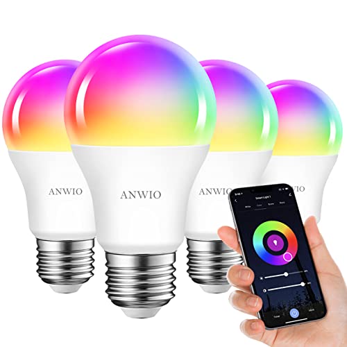 ANWIO Smart Glühbirne E27, 8.5W WiFi Lampe Smarthome Glühbirnen, 806lm WLAN RGB LED, Mehrfarbige Dimmbare Birne, Smart LED E27, App Steuern Kompatibel mit Alexa Echo, Google Home, 4er Pack von ANWIO