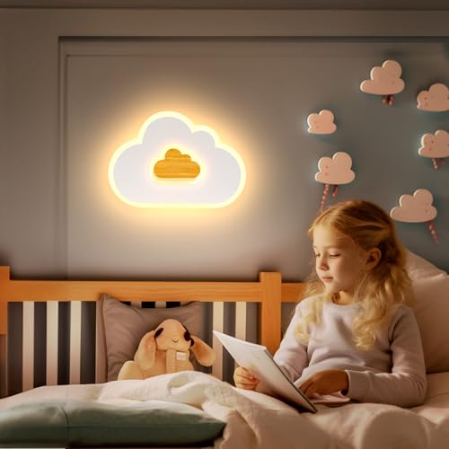 AOEH LED Deckenleuchte Schlafzimmer Kinderzimmerlampe Deckenlampe Deckenleuchte für Kinder Wolken deckenleuchte Holz Stufenloses Dimmen mit Fernbedienung Mit Nachtlichtfunktion,30cm von AOEH