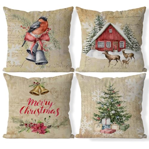 AOFANGGO Weihnachts-Kissenbezüge, 4er-Set, 45,7 x 45,7 cm, Vintage, klassische Wurfkissen, Winterurlaub, Dekorationen, Bauernhaus, rustikale Kissenbezüge für Bett, Stuhl, Sofa, Couch, Rentier, Vogel von AOFANGGO