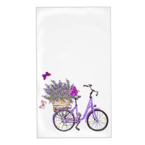Lila Lavendel Handtücher für Badezimmer Dekorative Frühlingsblumen Fahrrad Schmetterlinge Weiße Küchentücher Weich saugfähig Kleines Spa-Badehandtuch Fingerspitzen-Geschirr-Gästetuch 15,7 "x 27,5" von AOOEDM