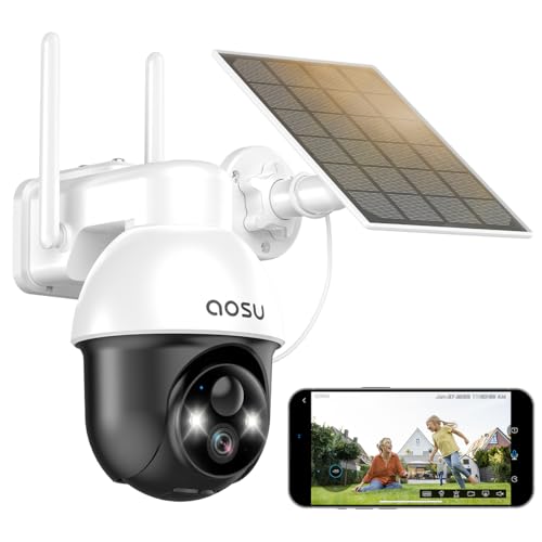 AOSU 2K Überwachungskamera Aussen mit Solarpanel, Panorama-PTZ, Automatischer Personenverfolgung, Farbiger Nachtsicht, Licht- und Tonalarm, 2-Wege-Audio, kompatibel mit Alexa/Google,Fernbetrachtung von AOSU