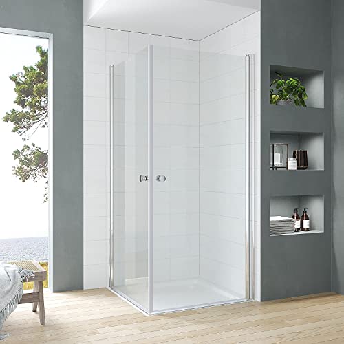 Duschkabine Eckeinstieg 90x75 x 187 cm mit Pendeltüren Schwingtüren Drehtüren Eckdusche Duschwand Glas Duschabtrennung rahmenlos für Duschwanne oder Bodengleiche Dusche Echtglas klar 5 mm von AQUABATOS