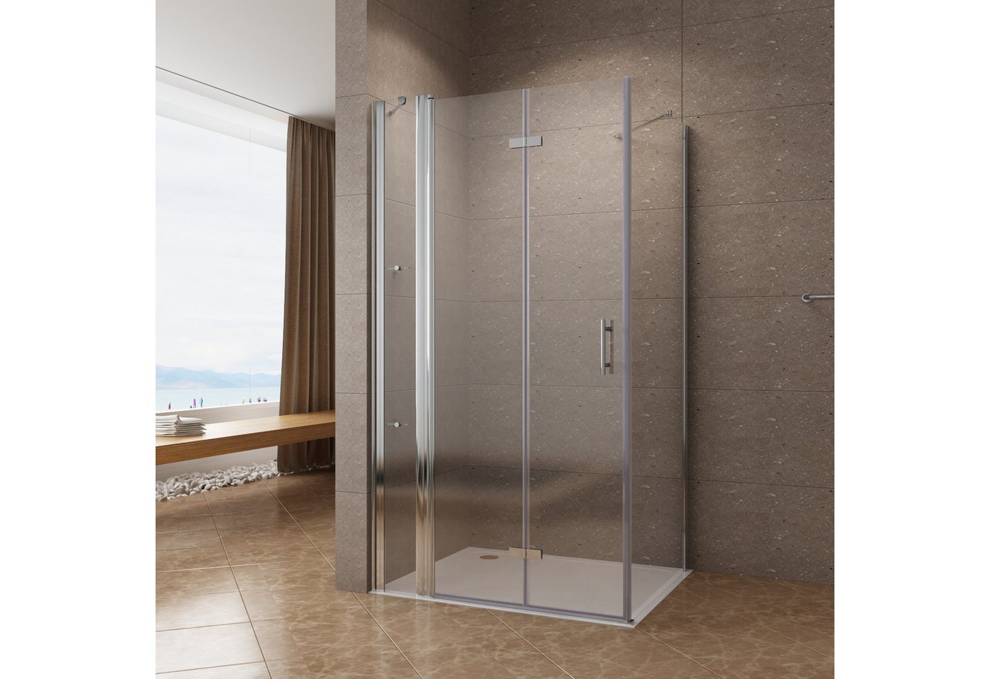 AQUALAVOS Eckdusche Falttür mit Seitenwand Eckeinstieg Duschkabine klappbar Scharniertür, BxT: 90x70 cm, 6 mm Einscheiben-Sicherheitsglas (ESG) mit Lotus-Effekt Nano Beschichtung, Rahmenlos, mit Eckregale, Hebe-Senk-Funktion, Spritzschutz im Bad von AQUALAVOS