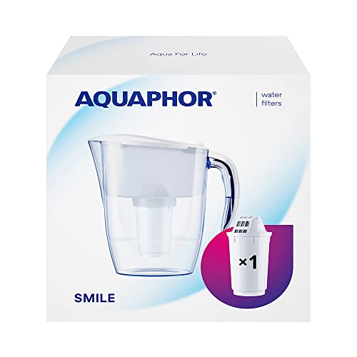 AQUAPHOR Wasserfilter Smile Weiß inkl. 1 A5 Filter mit Magnesium I Reduziert Kalk & Chlor I Karaffe für 2,9l I Kompakter & leichter WasserfiIter I Tischwasserfilter I Passt in die Kühlschranktür von AQUAPHOR