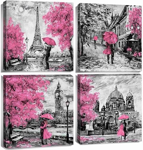 AREBOLO Rosa Paris Dekor für Badezimmer 4 Stück/Set, schwarz & weiß London City Leinwand Bilder Gemälde Schlafzimmer Wandkunst 30 x 30 cm, Eiffelturm Home Wohnzimmer Dekor, rosa romantische Paare von AREBOLO