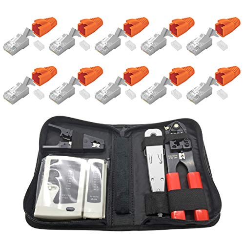 ARLI RJ45 Netzwerk Werkzeug Set 10 x Netzwerkstecker Netzwerk Stecker RJ 45 Modular Zugentlastung Einführhilfe 8 polig Verlegekabel Cat7 Cat6a Crimpzange Abisolierer LSA Anlegewerkzeug Netzwerktester von ARLI