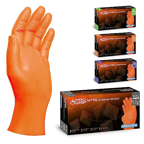 PROGRIP Einweghandschuhe Diamant Grip, Orange, Einmalhandschuhe Extra Stark, Nitrilhandschuhe Gr. XXL, 2x dicker, Handschuhe Einweg, Arbeitshandschuhe für Werkstatt & Montage, 50 Stk/Box von ARNOMED