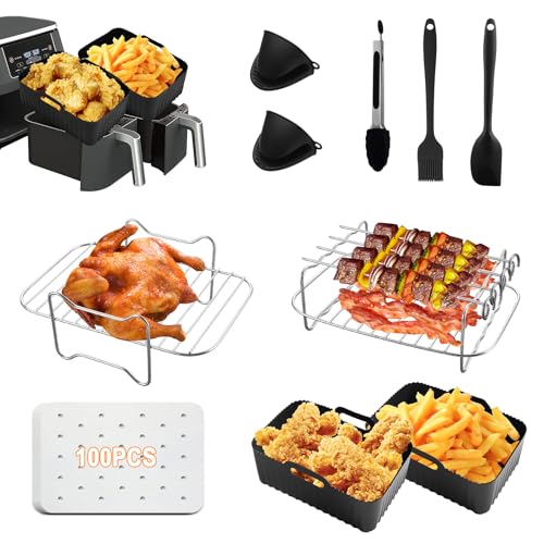 AROMUJOY Heißluftfritteuse Zubehör, 109-Teiliges Airfryer Zubehör, Accessories Kompatibel für Ninja Foodi AF400EU AF300EU 7.6L-9.5L Und Anderen Dual Zone Air Fryer, Silikonform, Grillrost von AROMUJOY