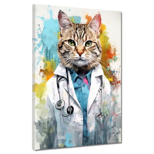 Kunstwelten24 Leinwandbild Wandbild Kunstdruck XXL Wanddeko Katze als Doktor Größe 105x140x4cm von ARTEDinoi