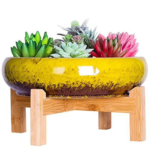 ARTKETTY Große runde saftige Pflanzgefäß mit Ständer, Vintage Keramik glasierte Bonsai Topf mit Mess Drainage Bildschirm, dekorative Garten Moderne Kaktusblume Pflanzgefäß Behälter Schüssel (Yellow) von ARTKETTY