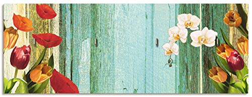 ARTLAND Hakenleiste Holz mit 4 Haken 40x15 cm Schlüsselbrett Schmuckaufhänger für Wand Geschirrtuchhalter Blumen Landhausstil Bunt T9IE von ARTLAND