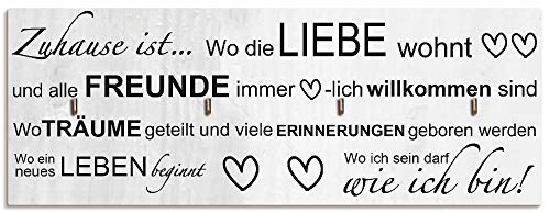 ARTLAND Hakenleiste Holz mit 4 Haken 40x15 cm Schlüsselbrett Schmuckaufhänger für Wand Geschirrtuchhalter Spruch Familie Grau T9IR von ARTLAND