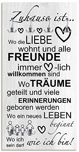 ARTLAND Wandgarderobe Holz mit 6 Haken 60x120 cm Design Garderobe mit Motiv Spruch Liebe Familie Zuhause Grau T9IR von ARTLAND