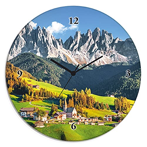 ARTLAND Wanduhr ohne Tickgeräusche Glas Funkuhr Ø 30 cm Rund Lautlos Alpen Landschaft Berge Natur Frühling Landhausstil U1TF von ARTLAND