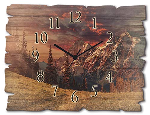 ARTLAND Wanduhr ohne Tickgeräusche aus Holz Funk Uhr lautlos 40x30 cm Rechteckig Alpen Landschaft Berge Wald Natur Wolken U1RI von ARTLAND